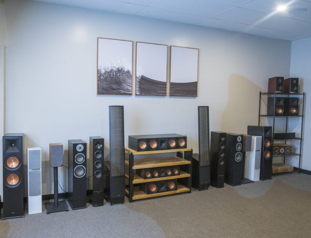 Klipsch and KEF speaker display in the Wave Media Systems showroom in Orlando